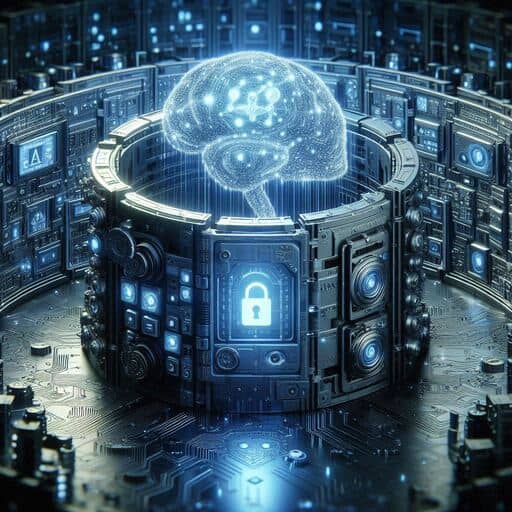 A conceptual artwork of a secured digital vault storing encrypted data representing AI trade secrets in a secure server environment.